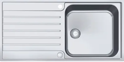 A top-down view of a stainless steel kitchen sink with a drainboard.