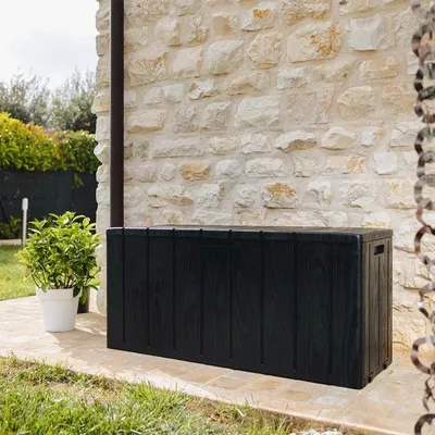 Image de Coffre de jardin 270L en résine effet bois avec assise - BRAVO 270L - Anthracite