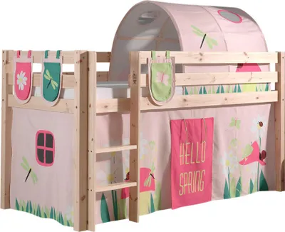 Produktbild von Vipack Spielbett Pino, Liegefläche 90x200 cm mit Textilset Vorhang, Tunnel und 3 Taschen "Spring"