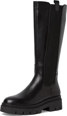 A black leather boot on a white background.