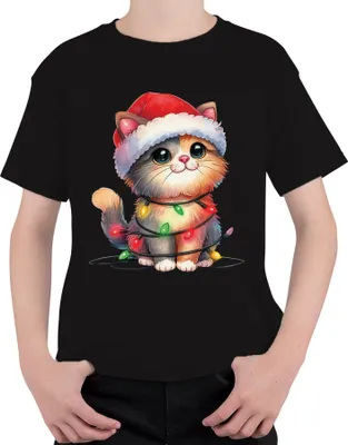 Produktbild von Katze Lichterkette Katzenliebhaber - Weihnachten Weihnachtsgeschenk Christmas Uni Kinder T-Shirt, Schwarz, 104
