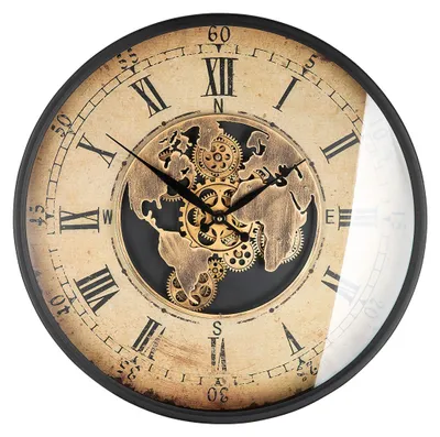 Immagine prodotto di Orologio da parete Gilde, rotondo, motivo mappa del mondo, motivo ruota dentata, metallo, crema, color rame,Poliuretano1, lungh. 8 cm, prof. 59,5 cm 46223