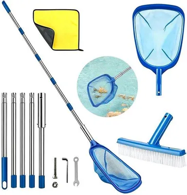 Produktbild von Schöpfnetz für Schwimmbäder mit Teleskopstange, feingemäsches Schöpfnetz für Teiche, Schwimmbadschöpfnetz mit Schwimmbadbürste, Bodenschöpfer