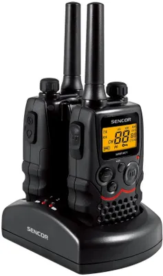 Obrázek produktu pro SENCOR SMR 601 Sada dvou osobních mobilních radiostanic/vysílaček, dosah až 8 km, funkce VOX,  38 CTCSS a 83 DCS subkanálů, dobíjitelné baterie a nabíjecí stojánek