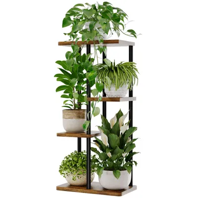 Produktbild von Bamworld Pflanzenständer Innen Metallpflanzenregal Außen Schwarzer Pflanzenhalter 4 Ebenen 5 Töpfe für mehrere Pflanzen Eckpflanztisch für Terrasse