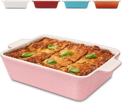 Image de Grand plat à four en céramique - convient pour les lasagnes, le tiramisu et comme plat à four - avec bord extra haut - carré - rose