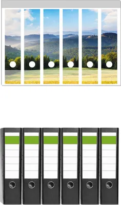 Produktbild von Wallario 6 Stück breite Ordner inkl. Klebeetiketten mit Motive Berglandschaft im Gebirge unter blauem Himmel -  Set mit Rückenschildern / Ordnerrücken Stickern