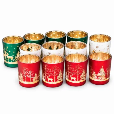 Produktbild von 12er Set Teelichthalter Weihnachten Glas Windlicht Weihnachten Teelichtgläser Teelichtglas Kerzengläser Weihnachtsdeko Teelicht Weihnachts Windlichter Glas Deko