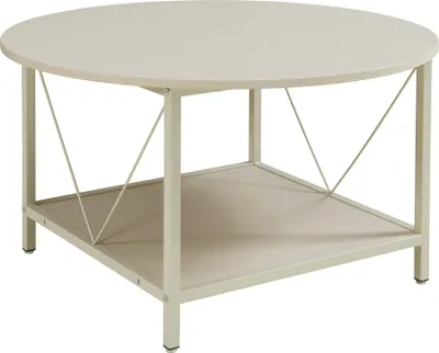 A round coffee table with a lower shelf and metal frame, shown against a white background.