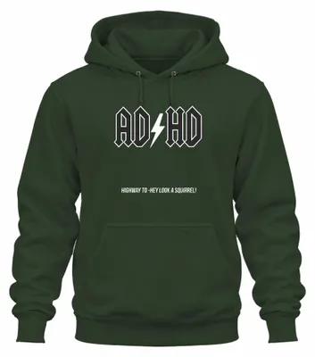 Productafbeelding van ADHD-trui met de tekst "Highway to Hey Look a Squirrel", met afbeelding van een eekhoorn, in de stijl van "Rock", humoristisch cadeau, uni, kleur: flessen groen, maat: 3XL