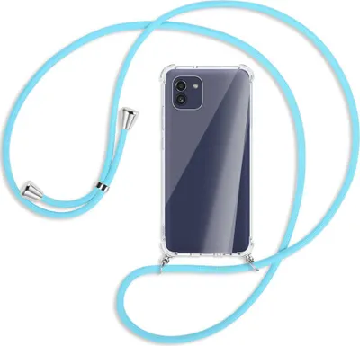 Produktbild von Handykette Backcover-Schutzhülle mit Band (Metall silberfarben) für Samsung Galaxy A03 4G - himmelblau