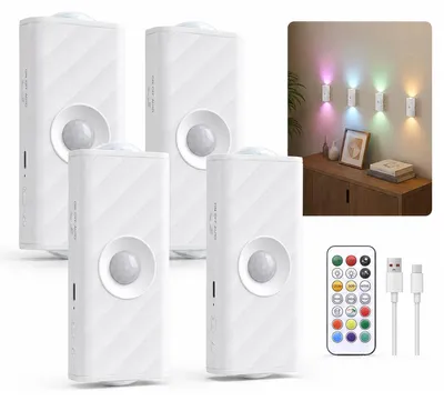 Produktbild von LED Nachtlicht mit Bewegungsmelder, wiederaufladbare Magnet Wandleuchte RGB mit Fernbedienung, kabelloses Treppenlicht für Flur Küche Schrank