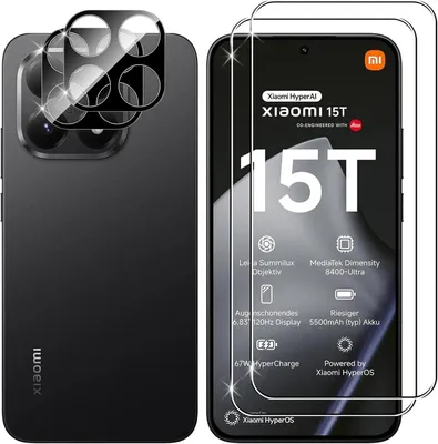 A collage showing the back of a black smartphone with camera lens protectors and a front view of the smartphone screen with protective glass.