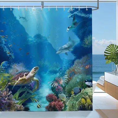 Productafbeelding van Unyqoos® douchegordijn – tropisch oceaanmotief met schildpadden, 180 x 180 cm, polyester, waterafstotend en schimmelwerend, inclusief 12 haken
