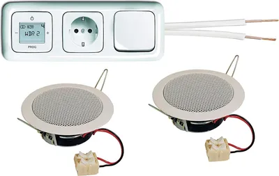 Produktbild von Busch Jäger Unterputz Radio 8215 U (8215U) alpinweiß Reflex SI + 2 x Deckenlautsprecher + Radio + Rahmen + Wippschalter (2000/6 US) + Steckdose 20EUC-214 + 20 m Lautsprecherkabel 2x0,75 mm²