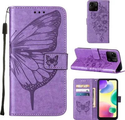 Produktbild von Redmi 10A Hülle, Schmetterling Prägung Flip Leder Kartenfächer Schutzhülle Ledertasche mit Ständer für Xiaomi Redmi 10A Violett