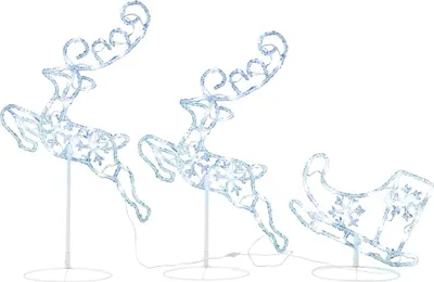 Three illuminated Christmas decorations: two reindeer and a sleigh, on a white background.