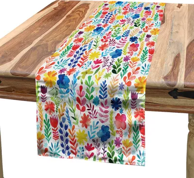 Produktbild von ABAKUHAUS Blumen Tischläufer, Vibrant Aquarell-Pinsel Gestrichelte Frühlingsblumen Tulpen Rosen Stiefmütterchen und Wildkräuter, 40 x 180 cm, Mehrfarbig