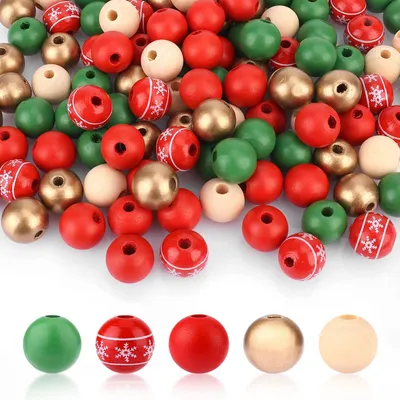 Productafbeelding van 200st kerst houten kralen voor ambachten - 16 mm gekleurde houten kralen met 10 m henneptouw