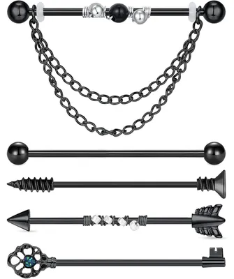 Zdjęcie produktu dla Zestaw kolczyków do piercingu przemysłowego z łańcuszkiem, wykonany ze stali chirurgicznej, przeznaczony do piercingu chrząstki. Barbell, srebrny, 14G (1.6mm), długość 38mm, 5 sztuk w zestawie
