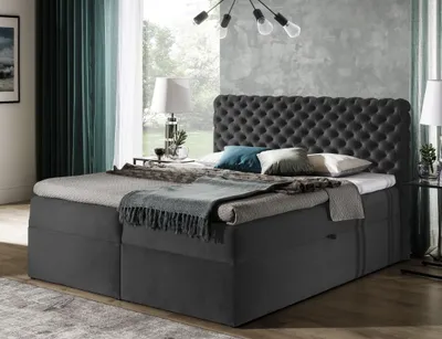 Obrázek produktu pro GRAINGOLD Postel Chesterfield Boxspring 140x200 Cleo - kontinentální postel se dvěma zásuvkami a topperem - elegantní manželská postel - tmavě šedá (Riviera 97)