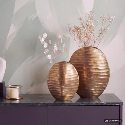 Immagine prodotto di FineBuy, set di 2 vasi decorativi in alluminio dorato, design a onde, moderni, rotondi, composti da 2 pezzi, ideali per fiori, come centrotavola o elemento decorativo per la casa, in metallo, Immagine generata dall'IA