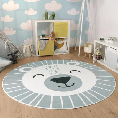 Produktbild von Kinderteppich Teppich Kinderzimmer Rund Waschbar Bis 30 Grad Löwenkopf Bärenkopf Grösse Ø 100 cm Rund