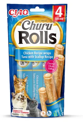 Obrázek produktu pro Inaba Cat Churu Rolls 4x10g kočičí pamlsky tyčinky s kuřetem a tuňákem, mušlemi a řasami