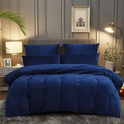 Zdjęcie produktu dla Komplet pościeli flanelowej, 135x200 cm, kolor granatowy, miękka mikrofibra, z zamkiem błyskawicznym + poszewka na poduszkę 80x80 cm