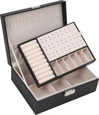 Immagine prodotto di Bettizia Scatola portagioie a doppio strato per anelli, orecchini, bracciali, collane, gioielli, organizer, scatola regalo per donne e ragazze, nero