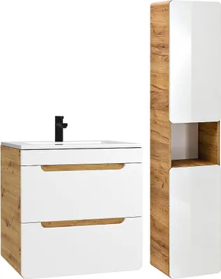 Zdjęcie produktu dla Wisząca szafka pod umywalkę z wbudowaną umywalką i wysoką szafką łazienkową - kolory drewna i biały - 60 cm - ARUBA