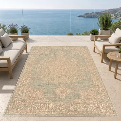 Productafbeelding van Tapijt, groen en bruin, met een decoratief patroon, geschikt voor binnen- en buitengebruik. Afmetingen: 140 x 200 cm
