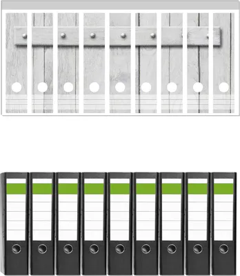 Produktbild von Wallario 9 Stück breite Ordner inkl. Klebeetiketten mit Motive Graue Holztür -  Set mit Rückenschildern / Ordnerrücken Stickern