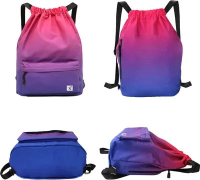 Produktbild von Großer Kordelrucksack, Wasserdicht Turnbeutel, Outdoor Reisebag, Sporttasche, Mehrfachfächer Drawstring Backpack, Rot-Blau Farbverlauf