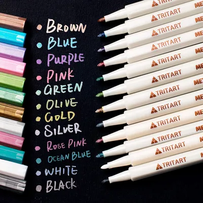 Produktbild von Tritart Profi Metallic Stifte Set für Fotoalbum - Scrapbook - Glatte Oberflächen | 12 Metallic Marker Pens GRATIS Schablonen