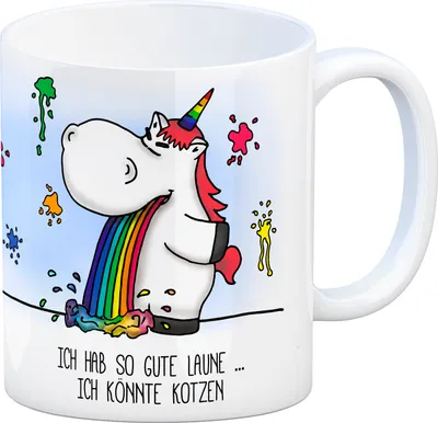 Produktbild von Honeycorns Kaffeebecher mit Einhorn Kotze Motiv und Spruch: Ich habe so Gute