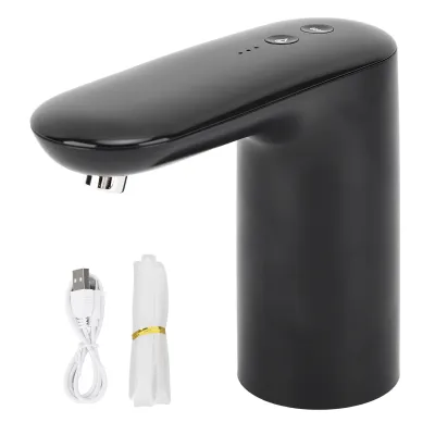 A black electric water bottle pump with a USB charging cable and a white tube.