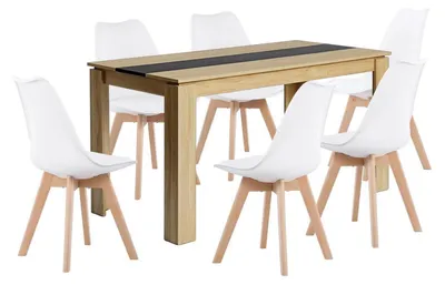 Image de Ensemble de salle à manger comprenant une table rectangulaire en chêne et noir de 140 cm, ainsi que 6 chaises blanches