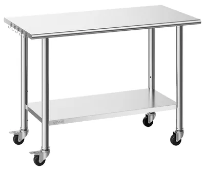 Image de Table en acier inoxydable VEVOR Gastro 1220 x 610 x 864 mm, table en acier inoxydable réglable avec roulettes, table de travail professionnelle avec plateau inférieur pour restaurant, usage intensif. Plateau supérieur (245 kg), plateau inférieur (204 kg)