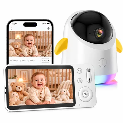 Productafbeelding van Babyfoon met camera en app, 2K, 3MP, 5 inch scherm, Wi-Fi babyfoon, 355° panorama, 4x zoom, nachtzicht, bewegingsdetectie, huilen detectie, tweewegs audio