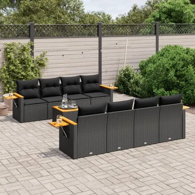 Produktbild von Design 9-tlg. Garten-Sofagarnitur mit Kissen Schwarz Poly Rattan, Gartenmöbel-Sets 2024 Neu