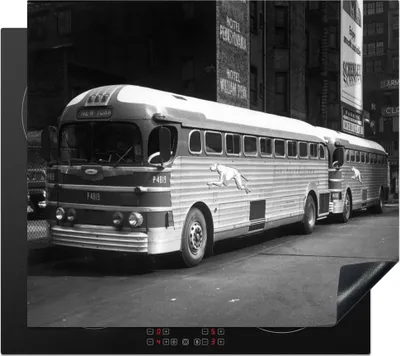 Produktbild von KitchenYeah© Herdabdeckplatte Bus - New York - Vintage - Schwarz - Weiß , 60x52cm, Küche Deko, Glaskeramikkochfeld Herdabdeckung, Abdeckplatte fùr Kochfeld
