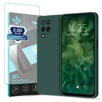 Produktbild von Hülle für Samsung Galaxy A12 mit 9H Displayglas Displayschutz Case Cover Bumper Smartphone Softgrip Schutzhülle Farbe: Grün