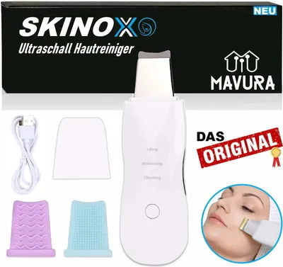 A product collage featuring a facial cleansing device and its accessories, along with promotional text and a demonstration of its use on a person's face.