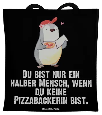 Produktbild von Mr. & Mrs. Panda Jutebeutel Pizzabäckerin Herz - Schwarz - Geschenk, Witzig, Schultasche, Spruch, Pizzabringdienst, Laptoptasche, Tote Bag, Tragetasche, Lieferbringdienst