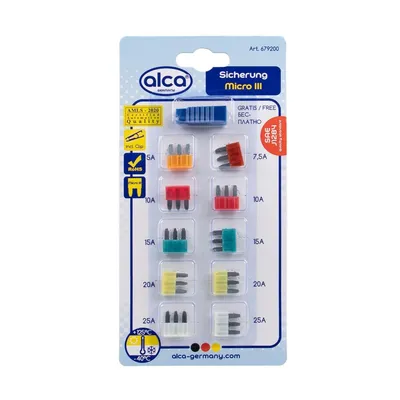Produktbild von alca® Micro 3 pojistky 5 - 25 A; 10 ks. Blistr auto 3-pólové pojistky Micro3 sada 10 ks sortiment plochých pojistek motorka karavan osvětlení