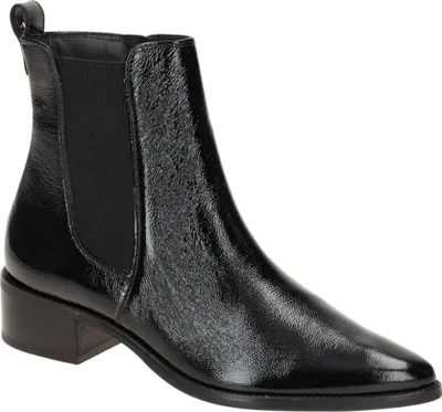 A single black patent leather Chelsea boot is shown against a white background.
