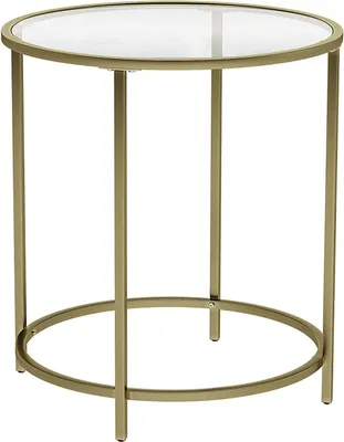 A round glass-top side table with a gold metal frame.