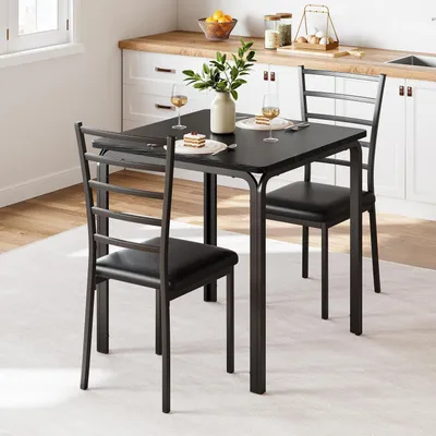 Produktbild von Küchentisch-Set 3-teilig mit 2 Stühlen, quadratisch, Metall & Holz, gepolsterte Stühle, Schwarz