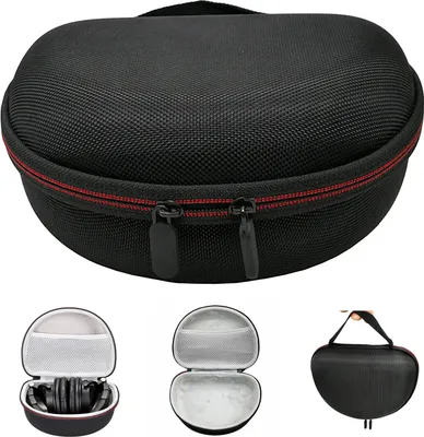 A collage of images showing a black headphone carrying case, including a top view of the closed case, an open case with headphones inside, an open empty case, and a side view of the closed case being carried by a handle.